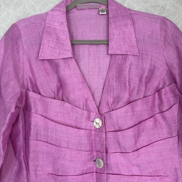 Farinaz Taghavi Button Up Blouse 8 Pink Italian Linen Top Pleat Career Designer - Picture 2 of 14